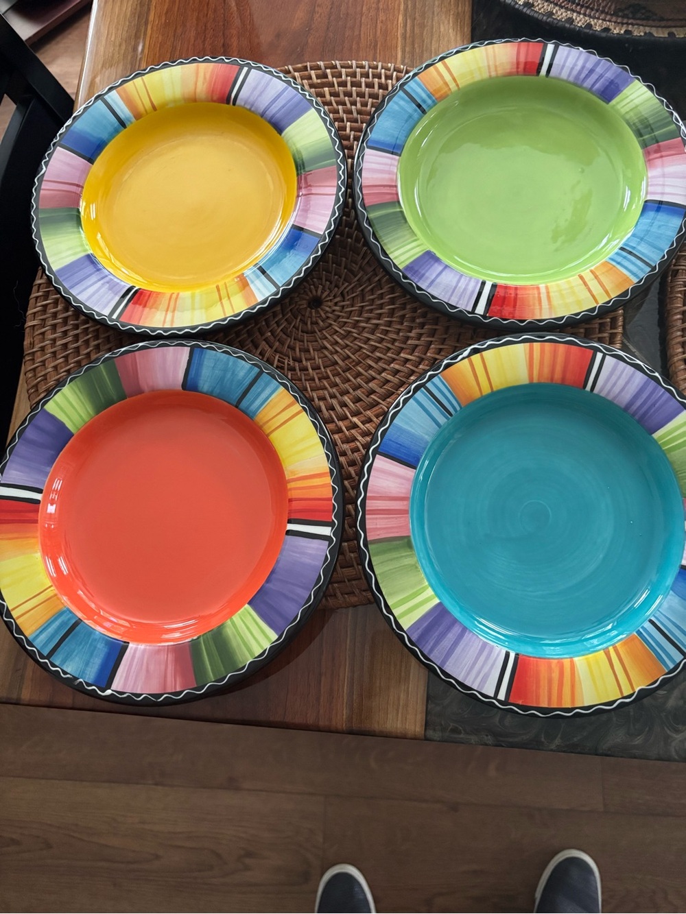 Colorful Ceramic Dinner Plates - Yellow, Green, Coral, Teal - Set of 4